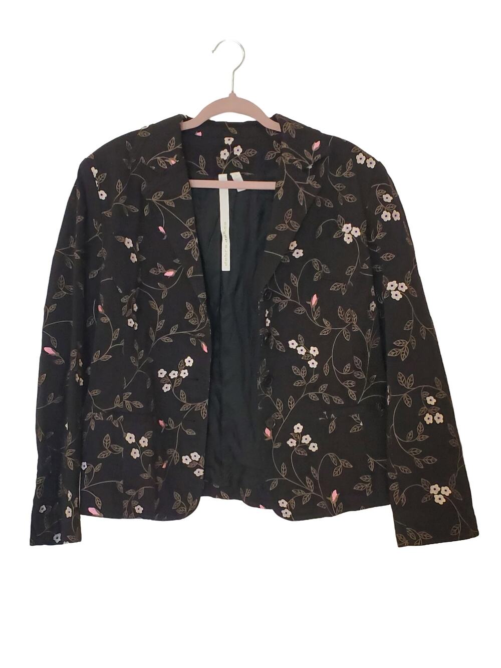 Debra DeRoo Black Floral Pink White Embroidered Blazer Spring Garden Kitsch L